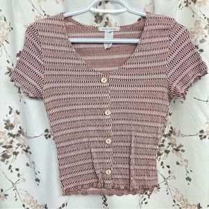 Caution to the Wind striped fitted buttoned pink and white crop top women sz S